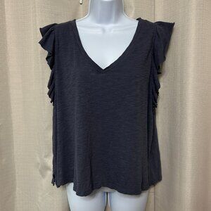 Sundance Ruffle Sleeveless V-Neck T-Shirt Women's Size Petite Large Gray